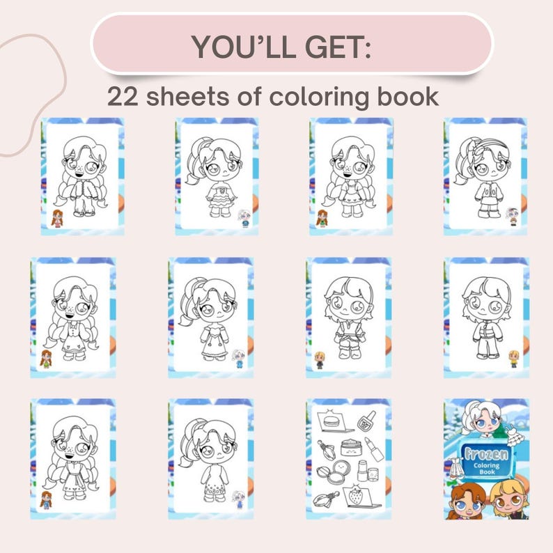 Puede incluir: Un libro para colorear con 22 hojas que presentan ilustraciones en blanco y negro de chicas de dibujos animados. La portada del libro tiene un fondo azul con el texto "Frozen Coloring Book" e ilustraciones de dos chicas.