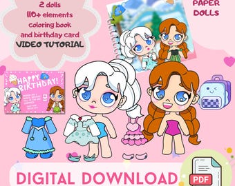 May include: A digital download set of paper dolls featuring two characters with large blue eyes, one with white hair and one with orange braided hair. Includes a 7.9" x 7.9" format, 110+ elements, a coloring book, a birthday card, and a video tutorial.