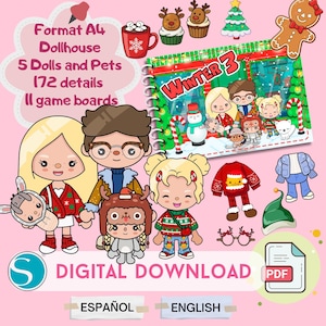 Puede incluir: Gráfico de descarga digital con tema de casa de muñecas con el texto "Winter 3". La imagen incluye muñecas, mascotas, ropa y accesorios ilustrados. También es visible el texto "Formato A4", "5 Dolls and Pets" y "172 detalles". También están presentes las palabras "Digital Download", "Español" e "Inglés".