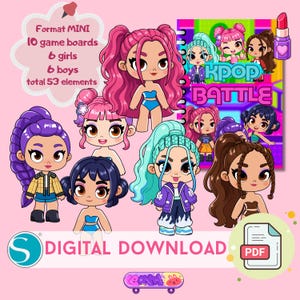 Może przedstawiać: Zestaw do pobrania cyfrowego zawierający plansze do gry KPOP BATTLE z 10 planszami, 6 dziewczynami, 6 chłopcami i 53 elementami. Grafika przedstawia różne postacie w stylu chibi z kolorowymi włosami, ikonę szminki oraz symbol pliku PDF na różowym tle.