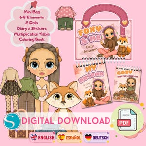 Puede incluir: Un conjunto de descarga digital con 68 elementos que incluye dos muñecas de papel, un diario, pegatinas, una tabla de multiplicar y un libro para colorear. Los gráficos muestran personajes con ojos grandes, ilustraciones de zorros y texto.