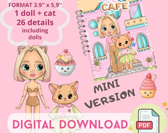 May include: A digital download of a printable paper doll set featuring a girl and a cat. The set includes 26 details, including dolls, and is formatted at 3.9 inches by 5.9 inches. The image shows a pink background with the text "Kitty's Cafe" and "Mini Version".