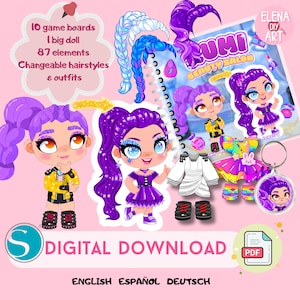 Op de afbeelding: Een digitale downloadset met 10 spelborden, 1 grote pop en 87 elementen, inclusief verwisselbare kapsels en outfits. De afbeeldingen tonen personages met paars haar, kleurrijke jurken en accessoires. Tekst bevat "Lumi Beauty Salon" en "Digital Download".