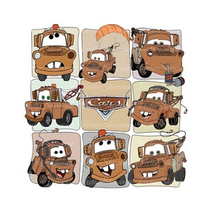 May include: A cartoon illustration of Mater from the Disney Pixar movie Cars. Mater is a rusty orange tow truck with a big smile and a variety of expressions. The image is divided into nine squares, each showing Mater in a different pose.