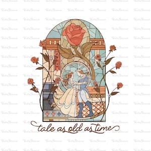 Könnte beinhalten: Ein Buntglasfenster-Design mit Belle und dem Biest aus dem Disney-Film Die Schöne und das Biest. Das Design enthält eine rote Rose, Ranken und den Text "tale as old as time".