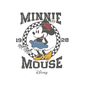May include: A vintage-style graphic featuring Minnie Mouse in a blue skirt and yellow shoes. The graphic includes the text "Minnie Mouse" with a checkered background and the years "19" and "28". The text "Disney" is at the bottom of the graphic.