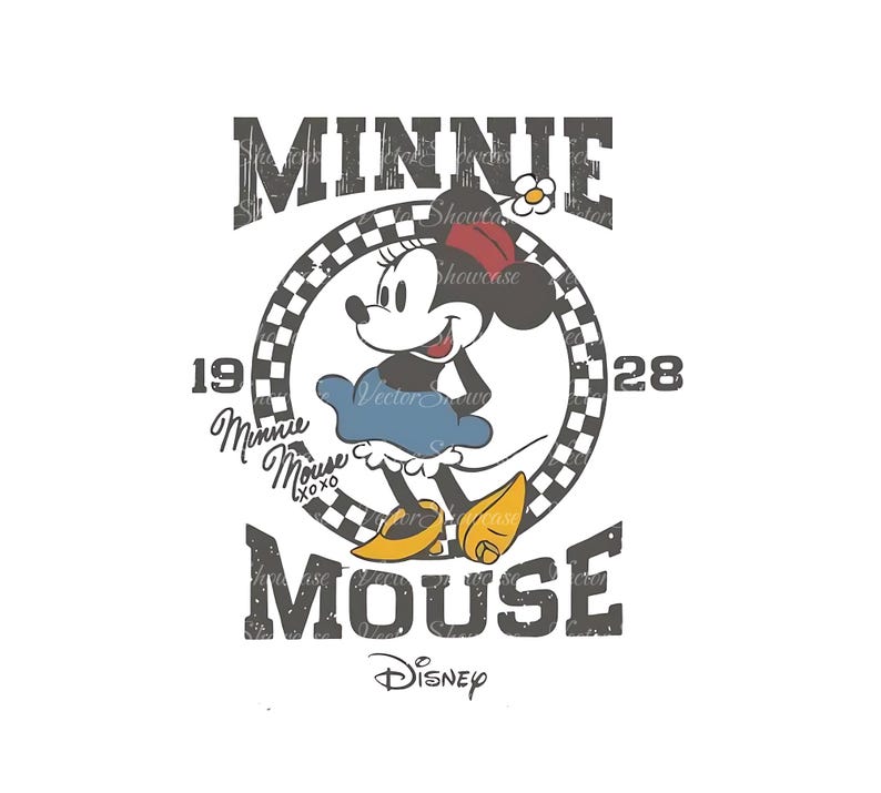 May include: A vintage-style graphic featuring Minnie Mouse in a blue skirt and yellow shoes. The graphic includes the text "Minnie Mouse" with a checkered background and the years "19" and "28". The text "Disney" is at the bottom of the graphic.
