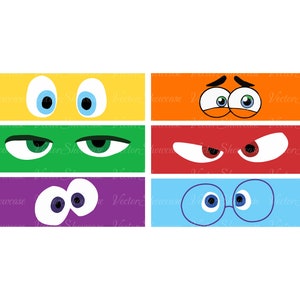 Könnte beinhalten: Sechs verschiedene Cartoon-Augen mit verschiedenen Ausdrücken, jedes auf einem andersfarbigen Rechteck. Die Augen sind gelb, grün, weiß, rot, blau und orange. Die Rechtecke sind gelb, grün, lila, rot, blau und orange.