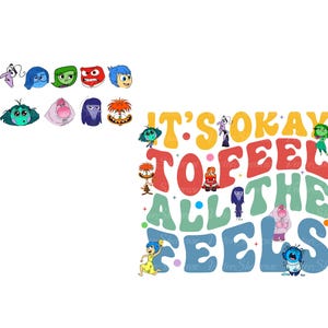 以下が含まれることがあります： レトロなスタイルで「It's okay to feel all the feels」というテキストが書かれたカラフルなグラフィックデザイン。デザインには、インサイド・アウトのアニメ映画のキャラクター、ジョイ、サッドネス、アングリー、フィア、ディスガストなどが登場しています。