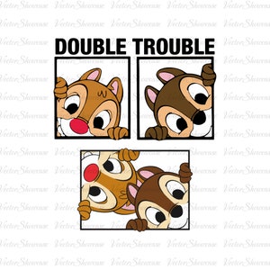 Może przedstawiać: Cyfrowa ilustracja dwóch kreskówkowych wiewiórek, które zaglądają zza białego kwadratu. Wiewiórki są brązowe i beżowe z dużymi czarnymi oczami. Tekst "DOUBLE TROUBLE" znajduje się nad wiewiórkami.