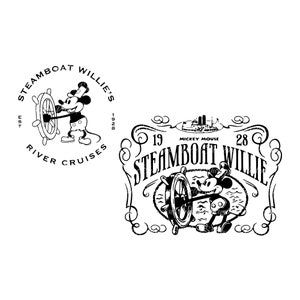 May include: Black and white illustration of Mickey Mouse as a steamboat captain, steering a ship's wheel. The text reads "Mickey Mouse Steamboat Willie 1928".