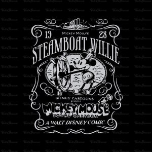 Puede incluir: Ilustración en blanco y negro de Mickey Mouse como capitán de un barco de vapor, con el texto "19 Mickey Mouse 28 STEAMBOAT WILLIE DISNEY CARTOONS present MICKEY MOUSE SOUND CARTOON A WALT DISNEY COMIC".