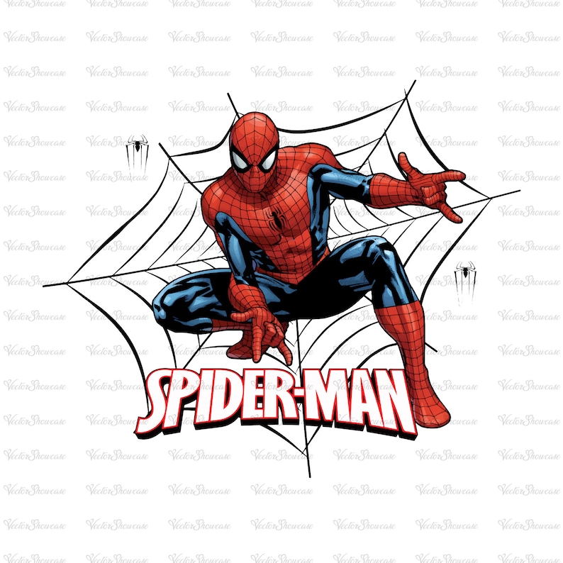 May include: A red and blue cartoon superhero, Spider-Man, is shown in a crouching pose on a white web. The text "SPIDER-MAN" is written in red and white letters below the superhero.