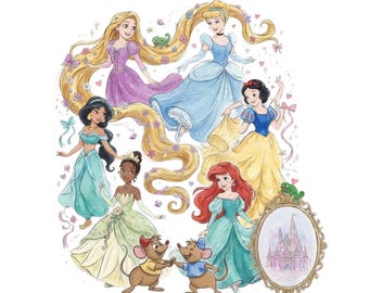 Disney Prinzessin PNG, Aschenputtel Schneewittchen Rapunzel Ariel Belle Tiana Jasmin, Prinzessin Geburtstag Shirt Design, Märchenschloss Clipart