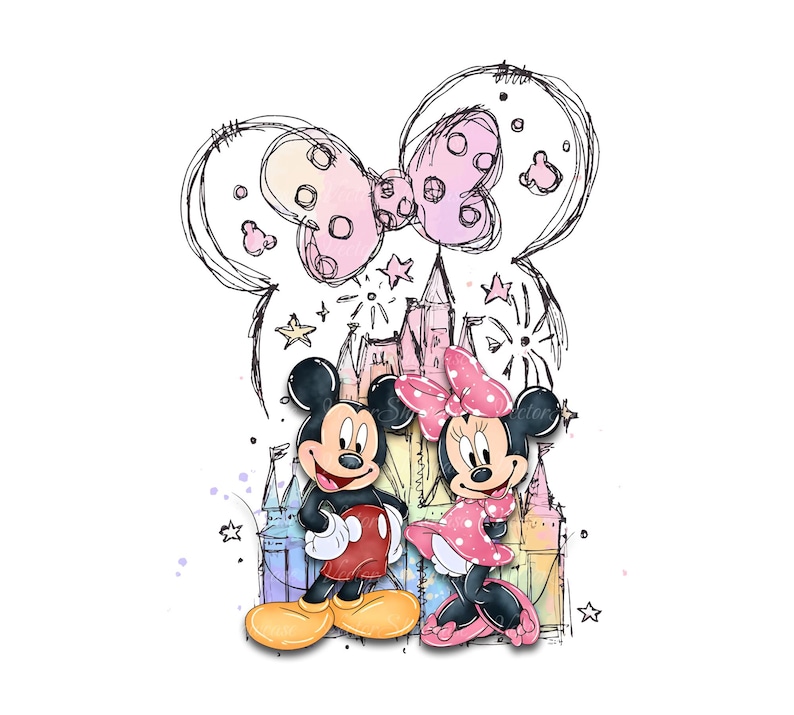 May include: A hand-drawn illustration of Mickey Mouse and Minnie Mouse in front of a pink and blue castle with fireworks. Mickey is wearing red shorts and yellow shoes. Minnie is wearing a pink dress and red shoes. The illustration is surrounded by stars and a pink bow.