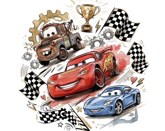 Disney Cars Lightning McQueen Mater Sally Guido Sheriff PNG, Racing Trophy-Grafik, Cartoon-Geschwindigkeitskunstwerk, Kinderfahrzeug-Illustration