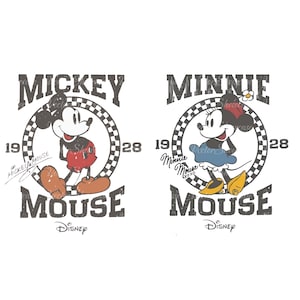 May include: Vintage-style graphic design featuring Mickey Mouse and Minnie Mouse. The design includes the text "Mickey Mouse" and "Minnie Mouse" with the years "1928" and "1928" printed on either side of the text. The design also includes the text "Disney" at the bottom of each graphic.