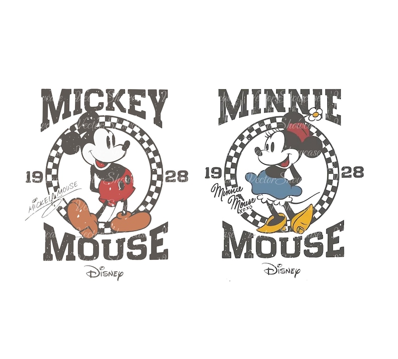 May include: Vintage-style graphic design featuring Mickey Mouse and Minnie Mouse. The design includes the text "Mickey Mouse" and "Minnie Mouse" with the years "1928" and "1928" printed on either side of the text. The design also includes the text "Disney" at the bottom of each graphic.