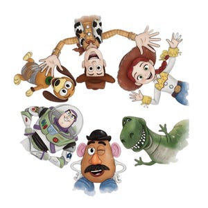Puede incluir: Ilustración en acuarela de personajes de la película animada Toy Story. La imagen presenta a Woody, Jessie, Buzz Lightyear, Sr. Potato, Rex y Slinky Dog, en una composición dinámica sobre un fondo blanco.