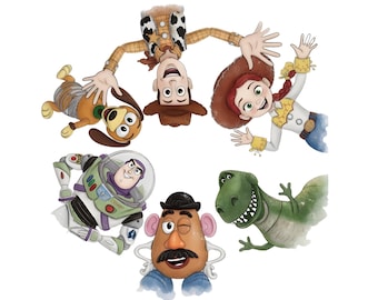 Cartoon Spielzeug Freunde Selfie PNG, Retro Cowboy Space Ranger Dinosaurier Clipart, Retro Kinder Illustration, transparenter Hintergrund Digitaler Download