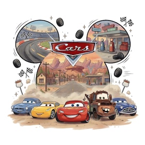 May include: A colorful illustration featuring characters from the movie Cars. The image includes race cars, a race track, and a desert town scene. The Cars logo is prominently displayed in the center of the image.