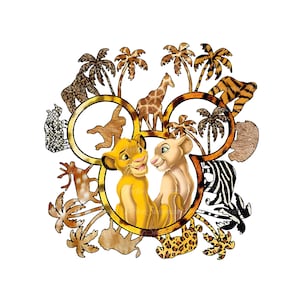 May include: A digital illustration of Simba and Nala from Disney's The Lion King, surrounded by a Mickey Mouse silhouette. The silhouette is filled with animal print patterns and palm trees.