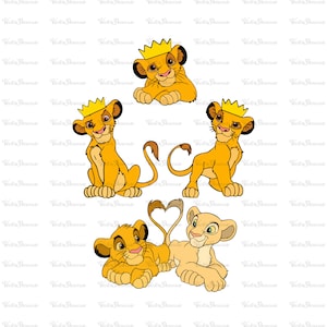 May include: Four cartoon lion cubs with golden crowns. Three of the cubs are sitting up, while the fourth is lying down with its tail curled into a heart shape. The cubs are all yellow with black eyes and noses.