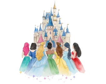 Disney Prinzessin PNG, Aschenputtel Schneewittchen Rapunzel Ariel Belle Tiana Jasmin, Prinzessin Geburtstag Shirt Design, Märchenschloss Clipart