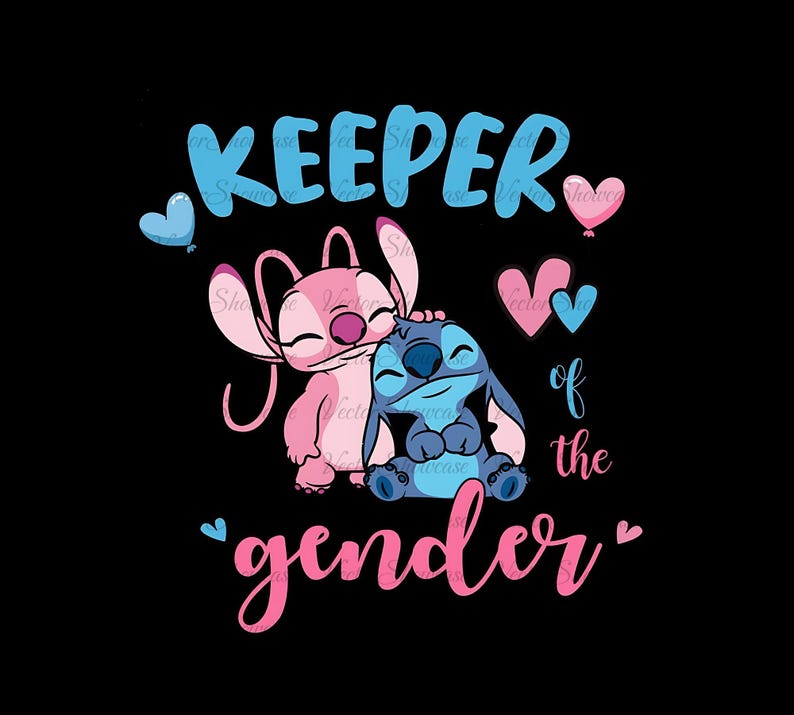 Pu&ograve; includere: Personaggi di Stitch rosa e blu con cuori e il testo "Keeper of the gender" su uno sfondo nero.