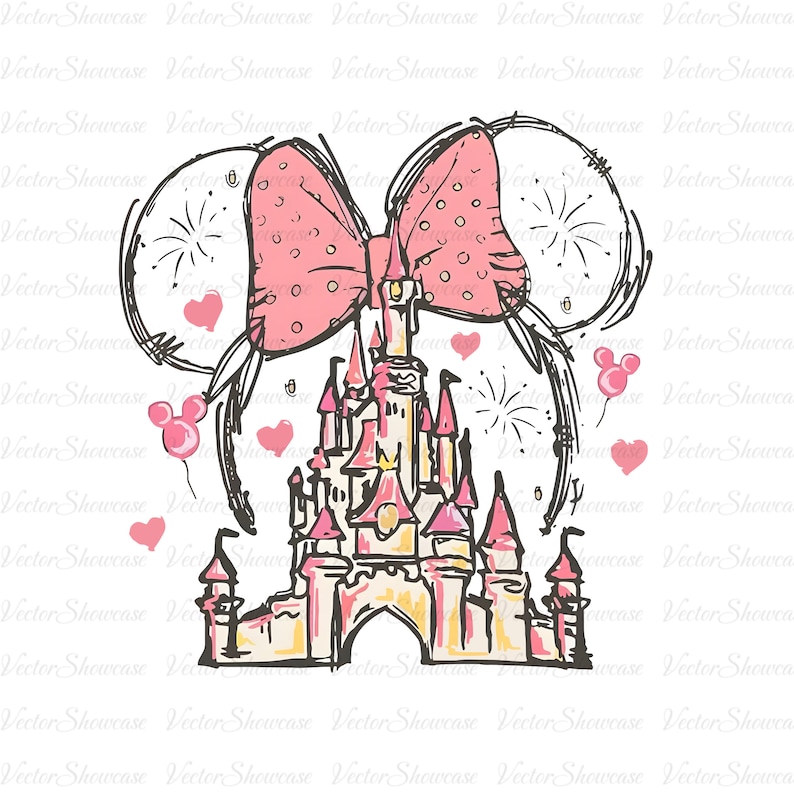 May include: A pink and white cartoon illustration of a castle with a large pink bow on top. The castle has a pointed roof and towers. There are fireworks and hearts around the castle.
