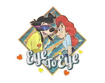May include: A cartoon illustration of a dog and a woman looking at each other with hearts around them. The text "Eye To Eye" is written in a retro font below them. The background is a colorful geometric pattern.
