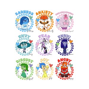 May include: Nine colourful circles with chequered borders, each featuring a character from the movie Inside Out. The characters are Sadness, Anxiety, Embarrassment, Envy, Fear, Ennui, Disgust, Joy, and Anger. Each circle has the character's name written in a colourful font.