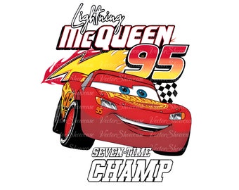 May include: Red cartoon race car with a smiling face, the words "Lightning McQueen 95" and "Seven-Time Champ" in a white outline.