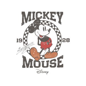 May include: Vintage Mickey Mouse graphic with a checkered circle around him. The text "Mickey Mouse" is above and below the circle, with "1928" on either side of the circle. The text "Disney" is below the graphic.