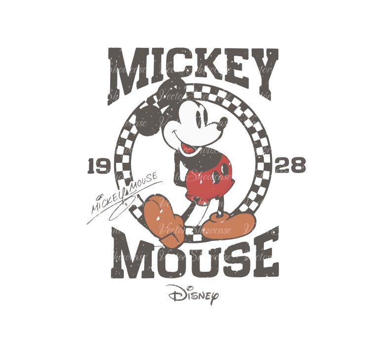 May include: Vintage Mickey Mouse graphic with a checkered circle around him. The text "Mickey Mouse" is above and below the circle, with "1928" on either side of the circle. The text "Disney" is below the graphic.