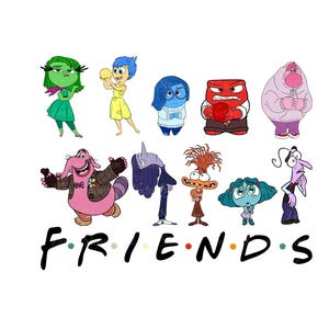 May include: A colourful illustration of the characters from the film Inside Out, with the word "FRIENDS" written below them. The characters include Joy, Sadness, Anger, Fear, Disgust, Bing Bong, and the Thought Police.