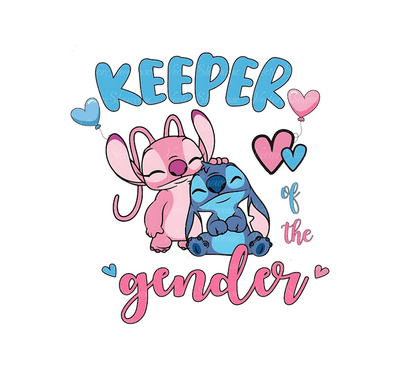 Pu&ograve; includere: Un design di personaggi dei cartoni animati Stitch e Angel rosa e blu con il testo "Keeper of the gender" e cuori.