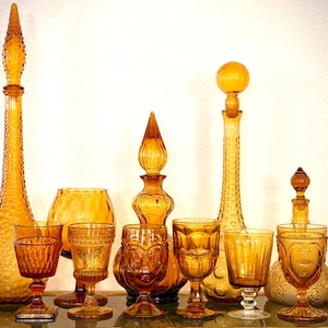 Vintage Amber Glassware Set: Mismatched Topaz Goblets, LE Smith, Moon Star