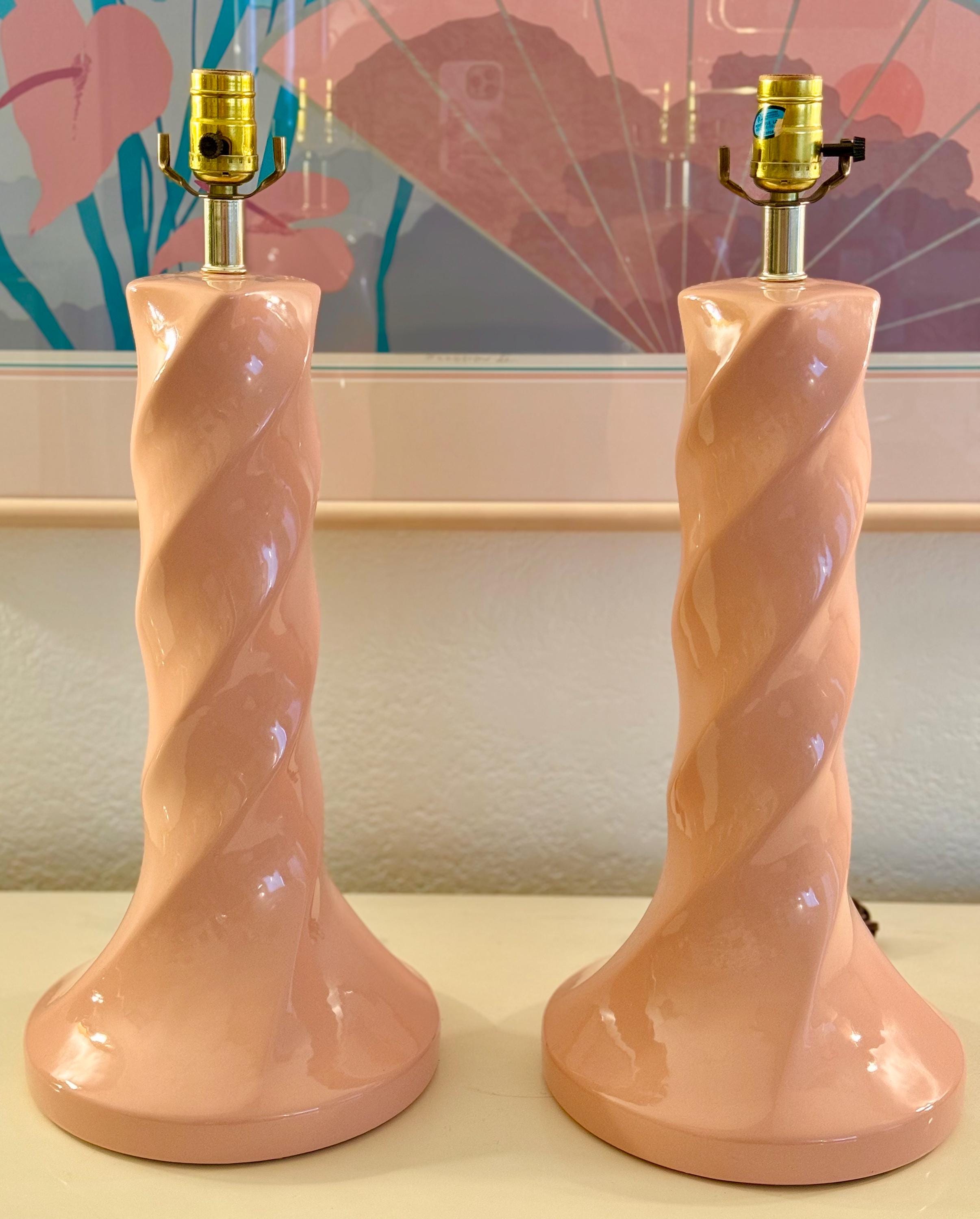 Pair of Vintage Peach 1980s Art Deco Twisted Column Lamps Post Modern ...