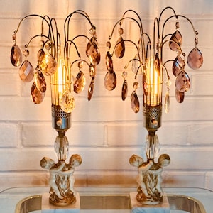 Vintage Hollywood Regency Cherub Table Lamps: Amethyst Crystal Waterfall Prisms