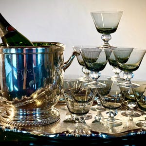 Vintage Crystal Champagne Coupes | Hollywood Regency | Ingrid | Swedish Crystal Coupe Glass | Smokey Crystal Cocktail Glasses | 1960s Bar