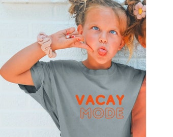 Unisex kids Vacay Mode t-shirt orange text, Comfort Colors, beach vacation shirts, group trip shirts, matching shirts, neon hollow text