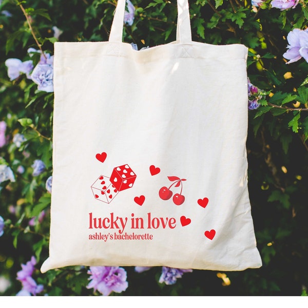 Custom red Lucky in Love tote bag, Las Vegas bachelorette tote, personalized tote
