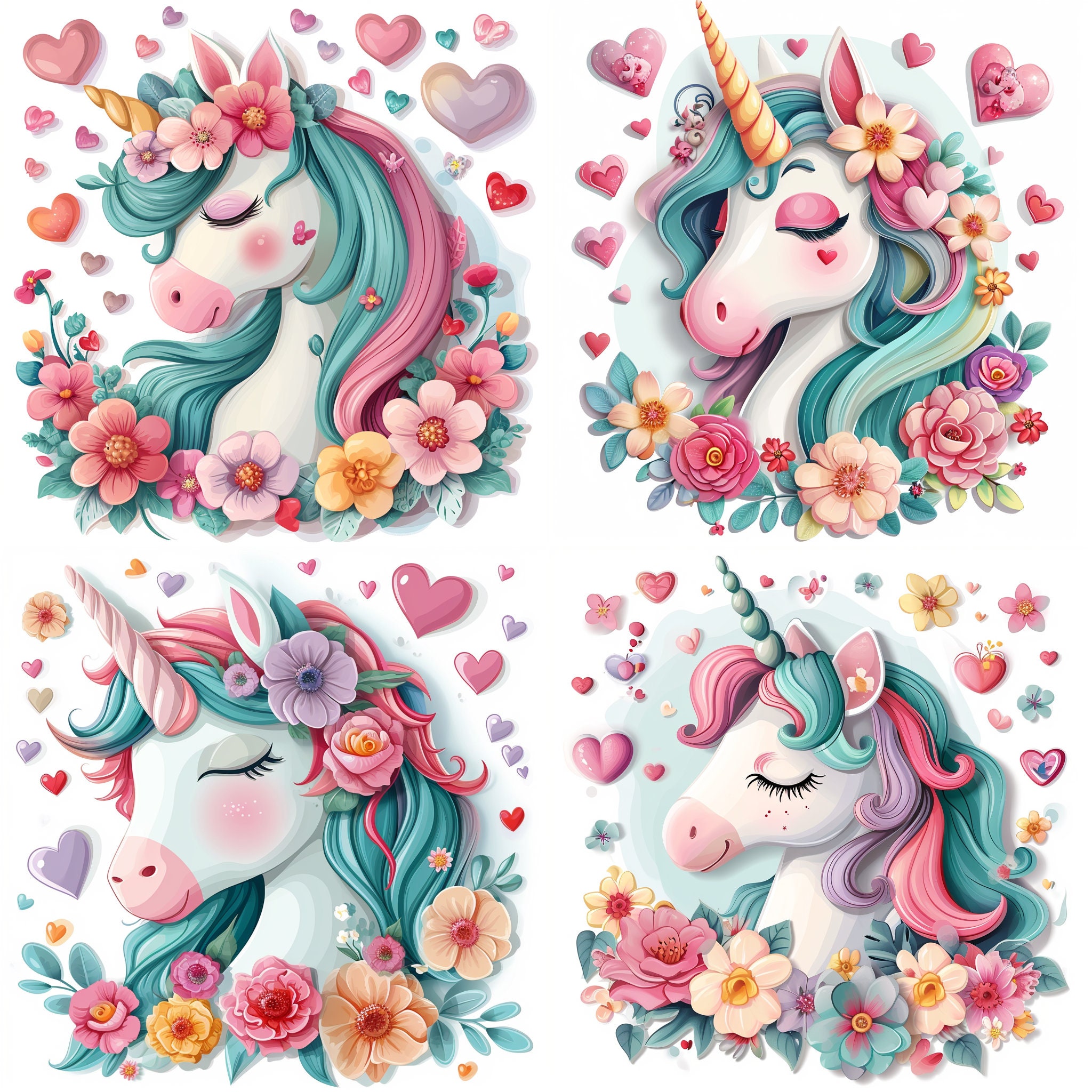 Clipart 20 Cute Unicorns, Valentines Clipart, Valentines Day, File PNG ...