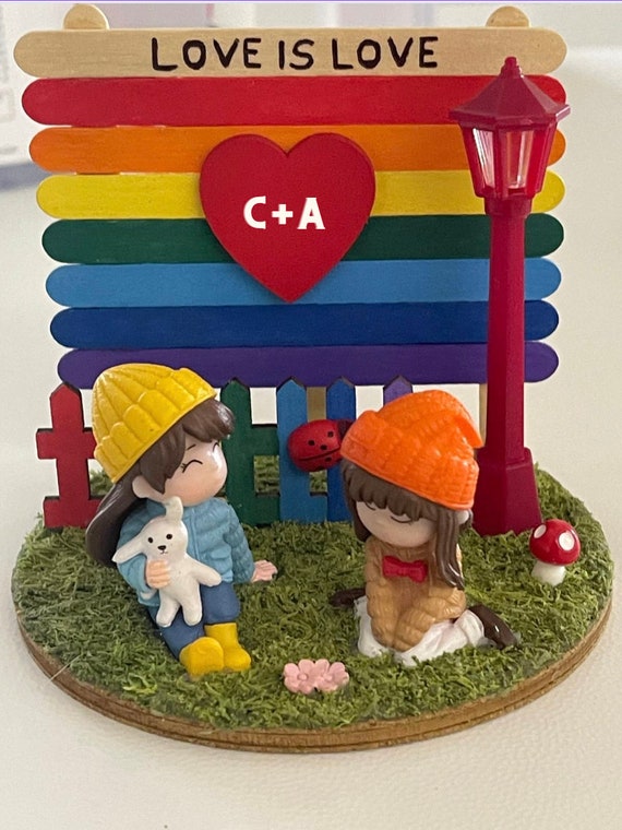 Mini handcrafted Pride landscape, Love is Love, customizable with initials (Pride month gift idea)