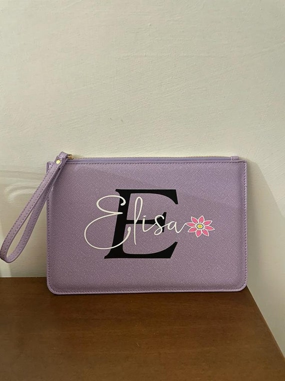 Personalized wristlet clutch bag with name and wildflower (gift idea for girls)