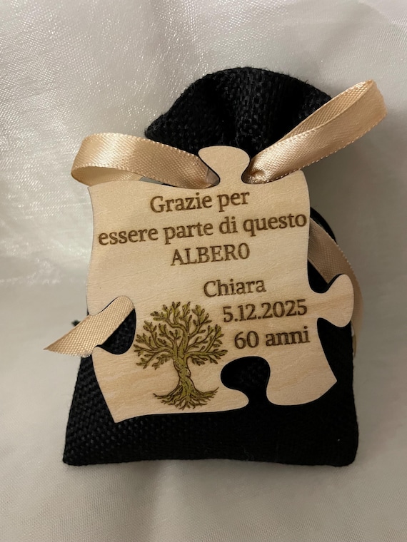 Personalized wooden puzzle birthday favor | Engraved Tree of Life tag | Guest favor | 40th, 50th, 60th birthday
