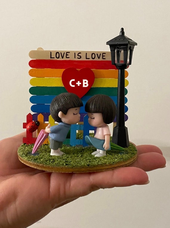 Mini handcrafted Pride landscape, Love is Love, customizable with initials (Pride month gift idea)
