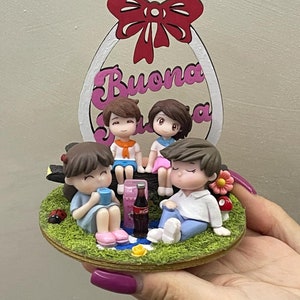 Mini handcrafted Easter landscape with family, customizable with initials (Easter gift idea)