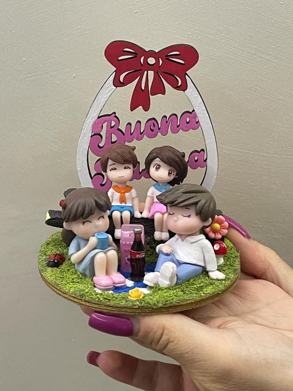 Mini handcrafted Easter landscape with family, customizable with initials (Easter gift idea)